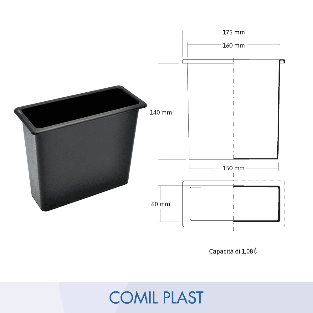 interno in plastica per vaso portafiori cimitero rettangolare Comil Plast colore nero Made in Italy con disegno dimensioni
