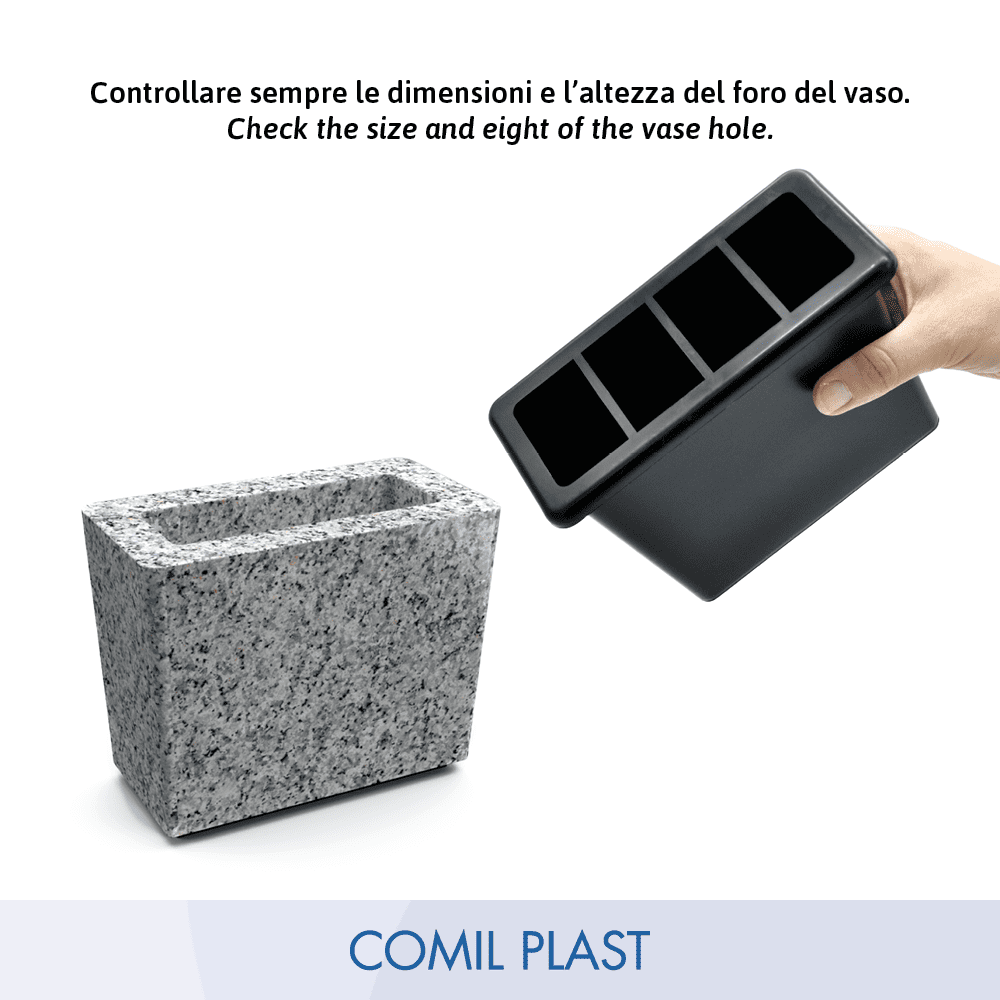 interno in plastica per vaso portafiori rettangolare Comil Plast colore nero Made in Italy con vaso in granito
