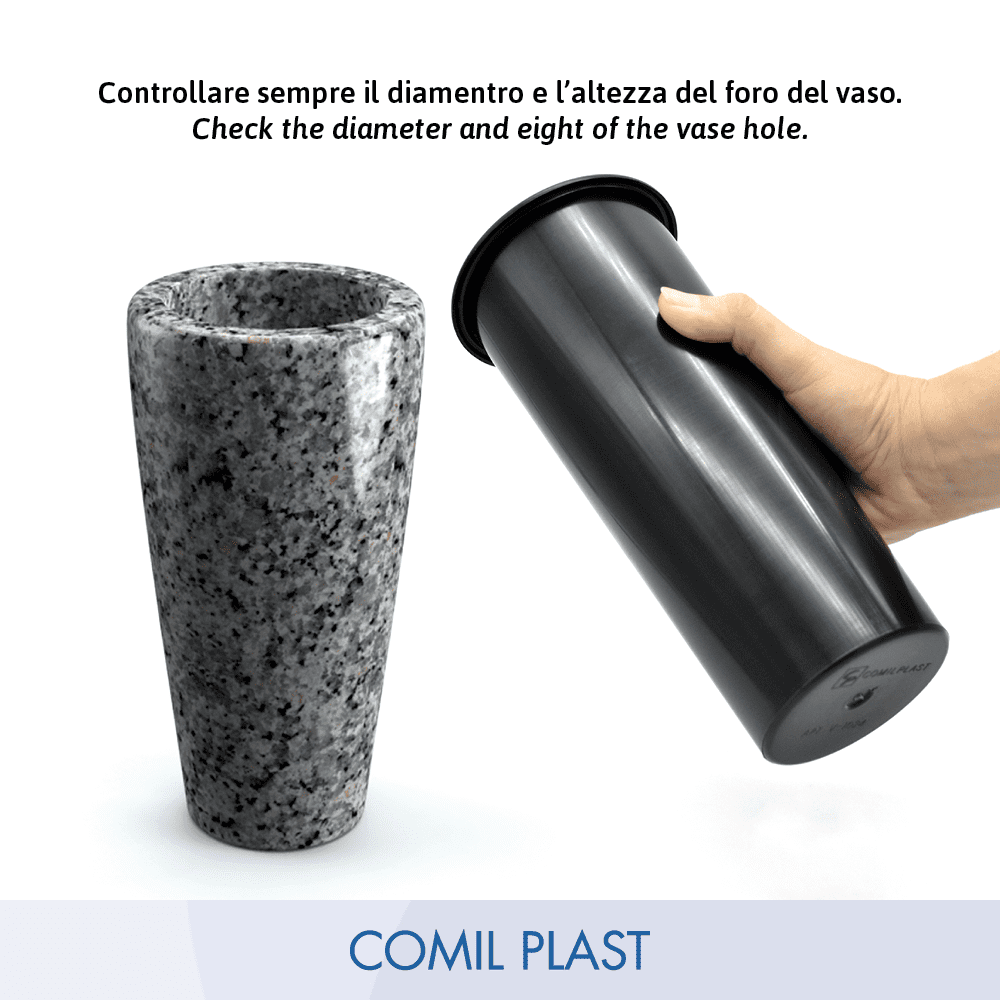 ricambio in plastica Comil Plast per vaso portafiori cimitero loculi colore nero Made in Italy e vaso granito