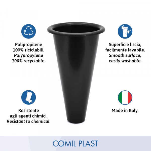 ricambio in plastica Comil Plast per vaso cimitero conico colore nero Made in Italy per vasi bronzo vaso acciaio e fusioni artistiche