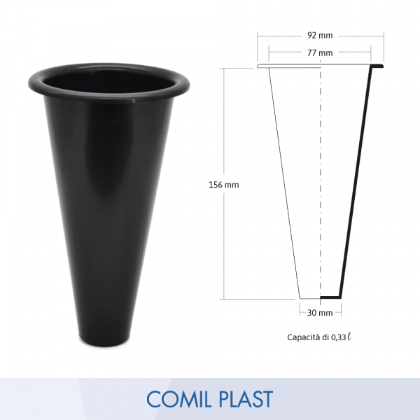 ricambio in plastica Comil Plast per vaso cimitero conico colore nero Made in Italy per vasi bronzo vaso acciaio e fusioni artistiche disegno dimensioni