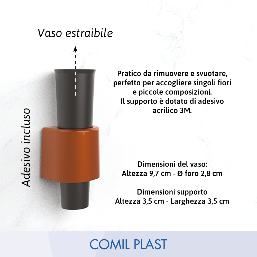 Mini vaso Supporto Adesivo Pz 12 Decorazioni Fioristi er Loculo Cimiteriale Portafiori Piccolo in Plastica Ø 3 cm h 10 cm art. SP310 Comil Plast Made in Italy colore nero rame