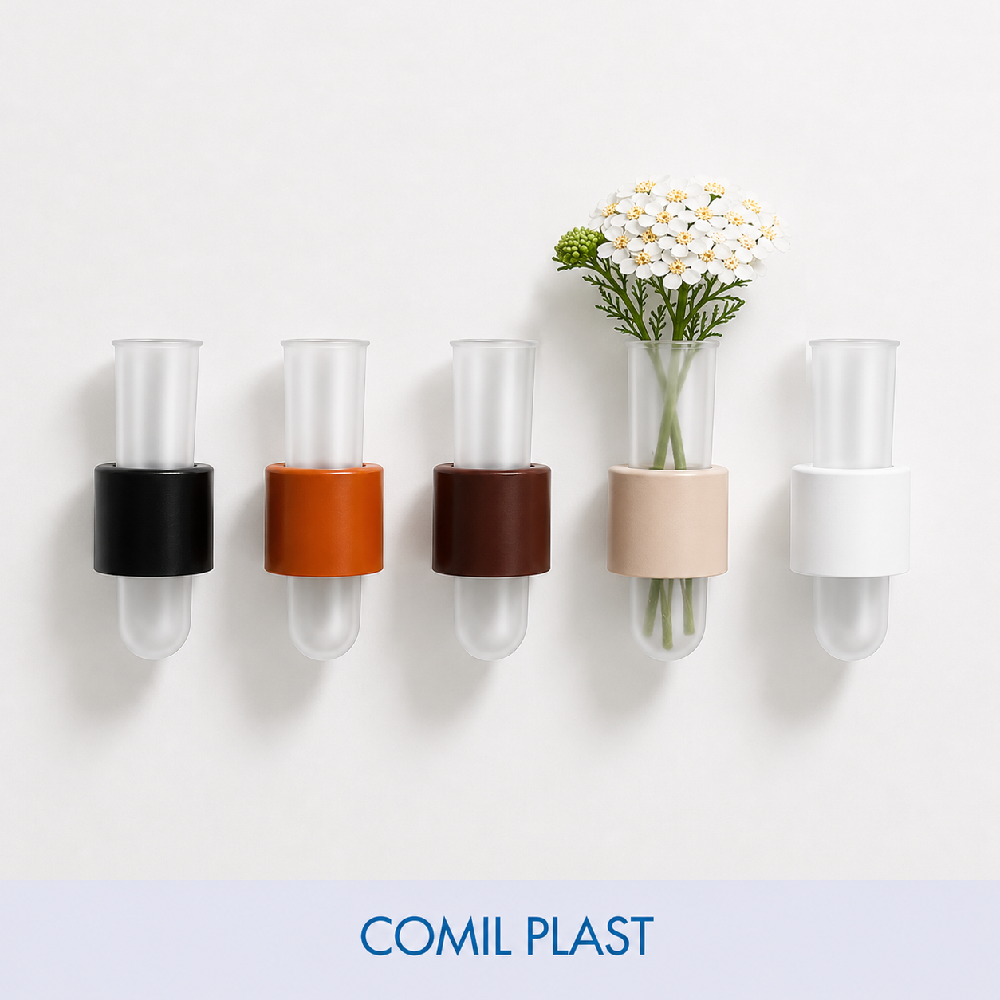 Mini vaso Supporto Adesivo Pz 12 Decorazioni Fioristi er Loculo Cimiteriale Portafiori Piccolo in Plastica Ø 3 cm h 10 cm art. SP259 Comil Plast Made in Italy colore neutro supporto rame nero marrone bianco avorio